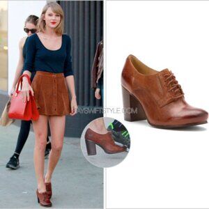 TAYLOR SWIFT Frye Carson Lace-Up Brown Cognac Leather Heeled Oxford Ankle Bootie